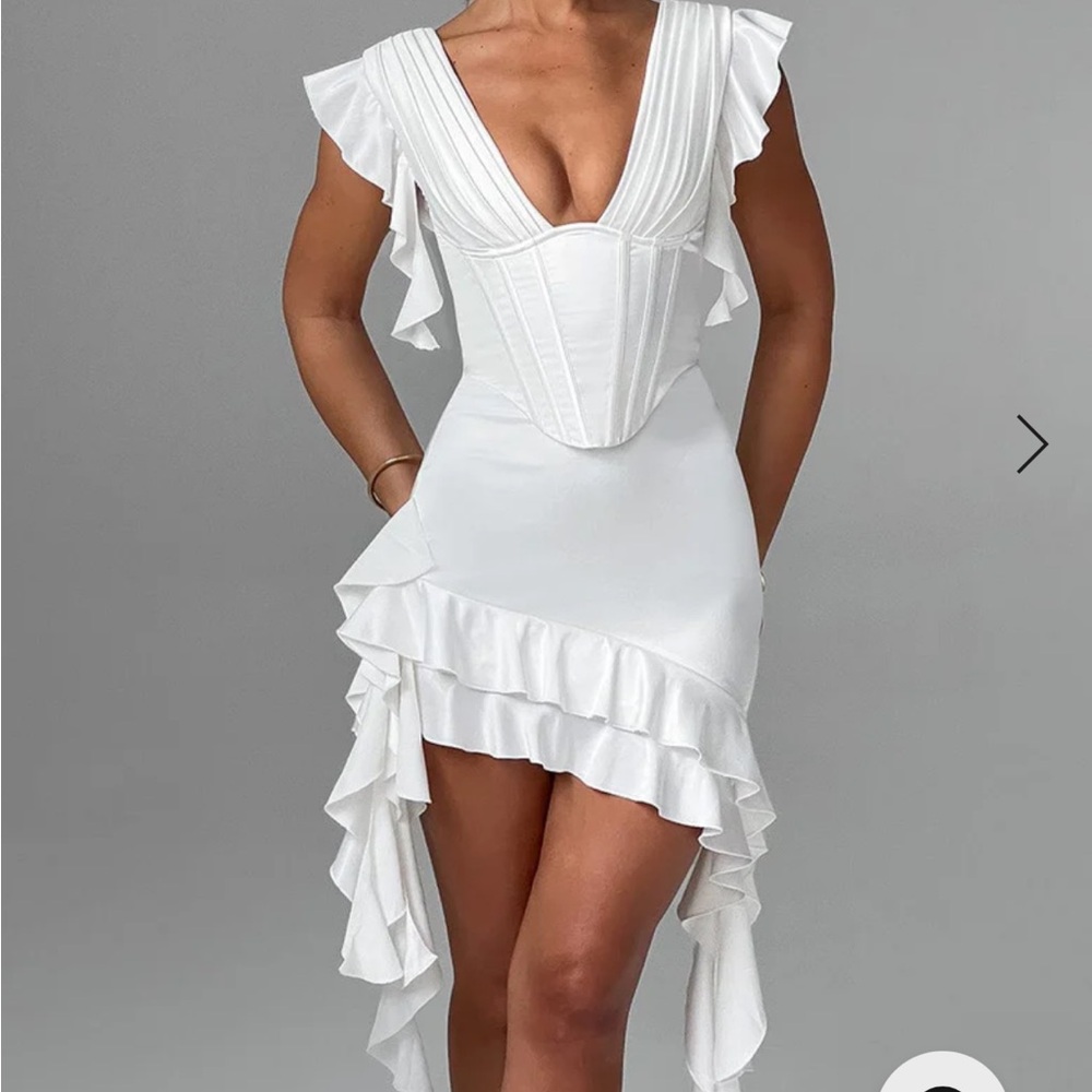 White Asymmetrical Ruffled Mini Dress BabyBoo
